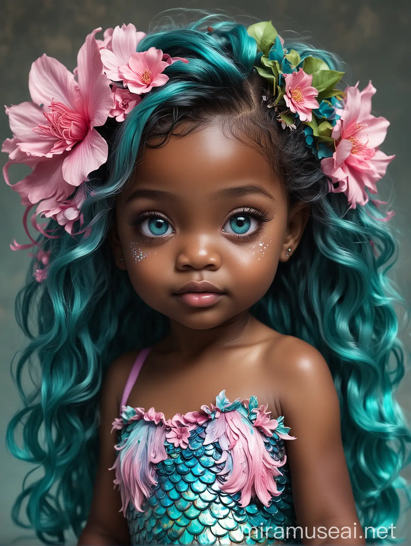 A black baby girl with scales on her face has long coily  teal, and aqua blue with pink streaks hair that reached over her tail and very very thick, cyan eyes and dark brown skin with a teal tail with pink streaks and many floral like fins. She's a mermaid and beautiful