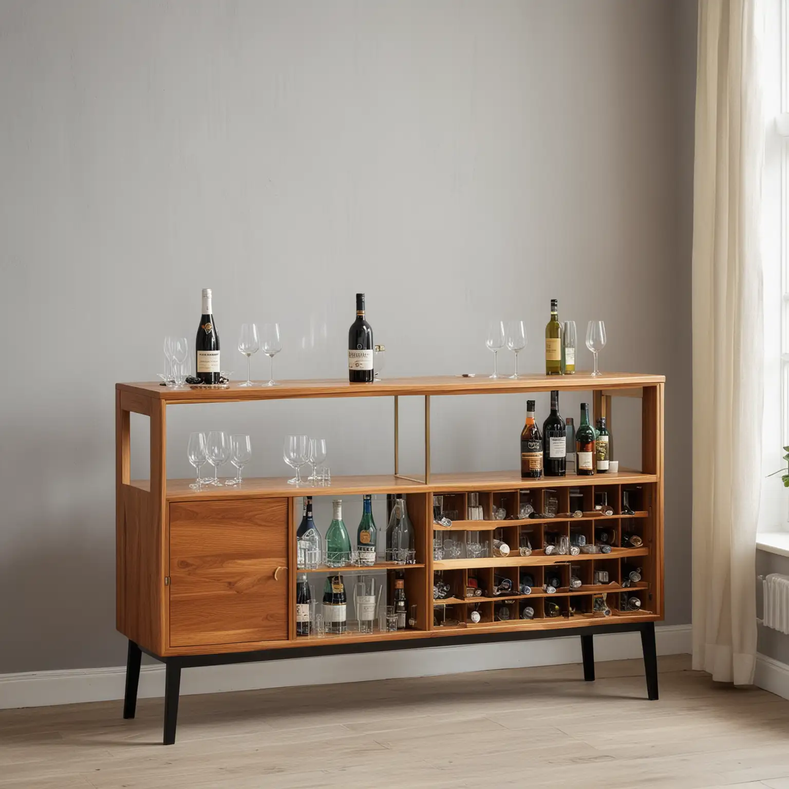 design a bar table (90cm) with some storage and open areas for glasses and bottles. Not too wide and in midcentury style. to be placed by a large window