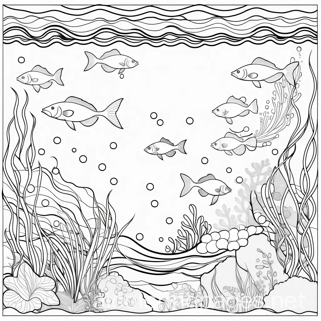 a collage of under water scenery, Coloring Page, black and white, line art, white background, Simplicity, Ample White Space. The background of the coloring page is plain white to make it easy for young children to color within the lines. The outlines of all the subjects are easy to distinguish, making it simple for kids to color without too much difficulty