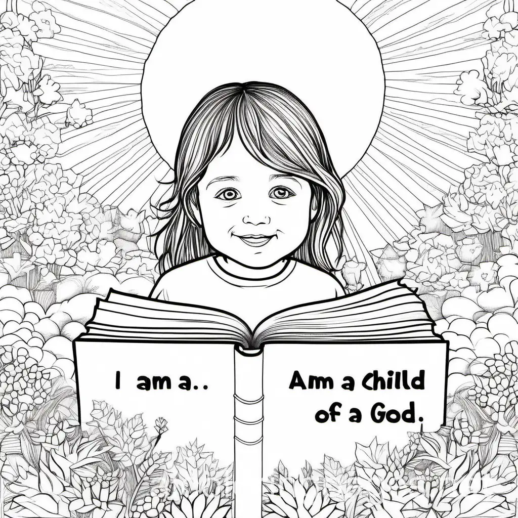 child with bible verse Ps 82:6 I am a child of GOD, Coloring Page, black and white, line art, white background, Simplicity, Ample White Space. The background of the coloring page is plain white to make it easy for young children to color within the lines. The outlines of all the subjects are easy to distinguish, making it simple for kids to color without too much difficulty