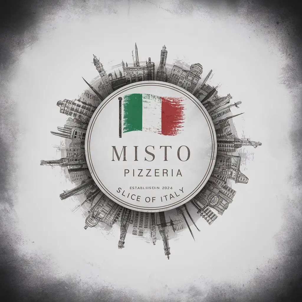 Misto Pizzeria, Minimalist, Emblem, Decorated , Italian colors , White Background, EST 2024 , Italy flag , Antique, Slogan Slice of Italy , Sketched Italian Cities decoration, Ornament, Rustic, moody foggy atmosphere, Elegant
