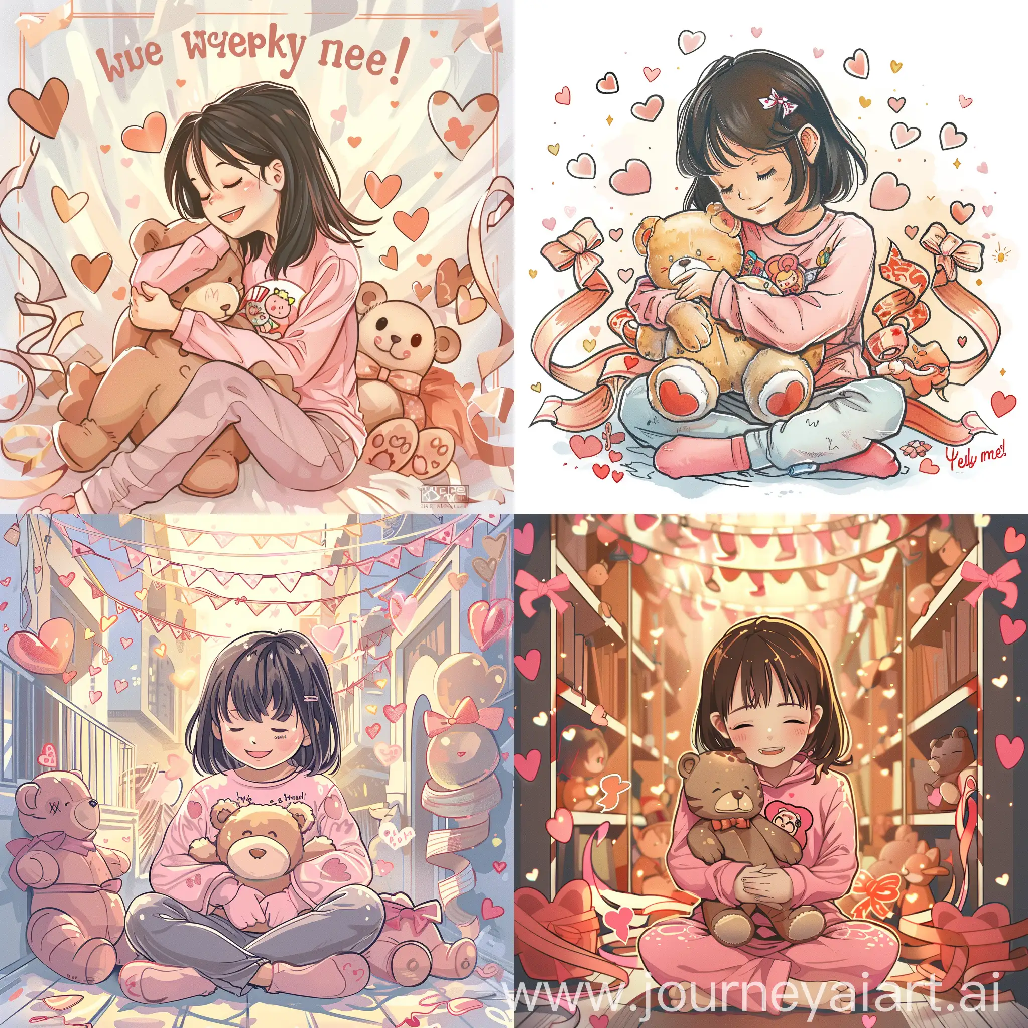 Generate an image featuring a child sitting in Tokyo, wearing a pink long-sleeve shirt with a cute character illustration on the chest, hugging a teddy bear. Surroundings decorated with hearts and ribbons. Include the text design "Stylish, sweet, perky & pretty, she's the cat's meow!".