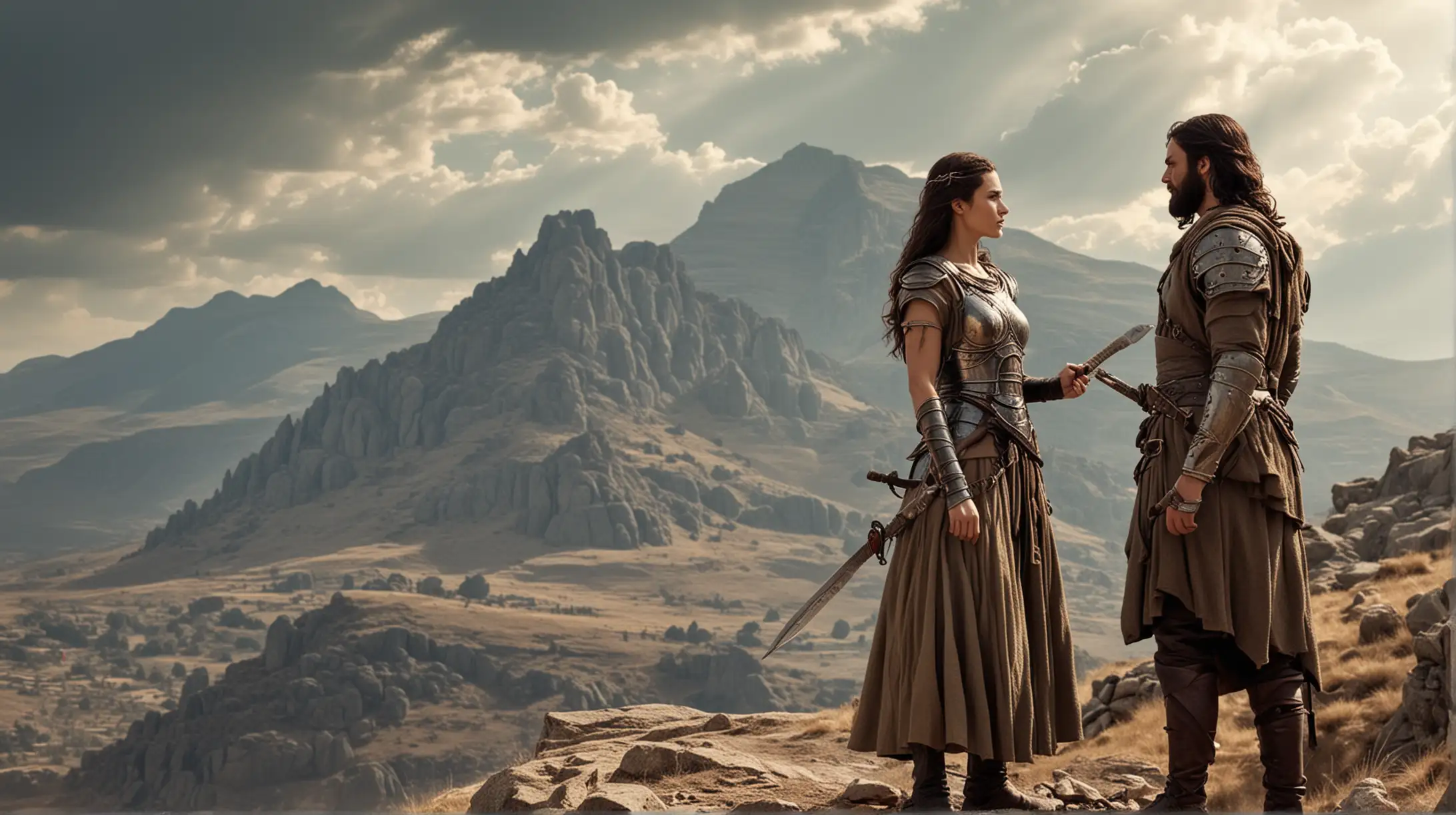 Armored Woman with Sword on Mountain Speaking to Messenger Biblical Era Elijah Scene