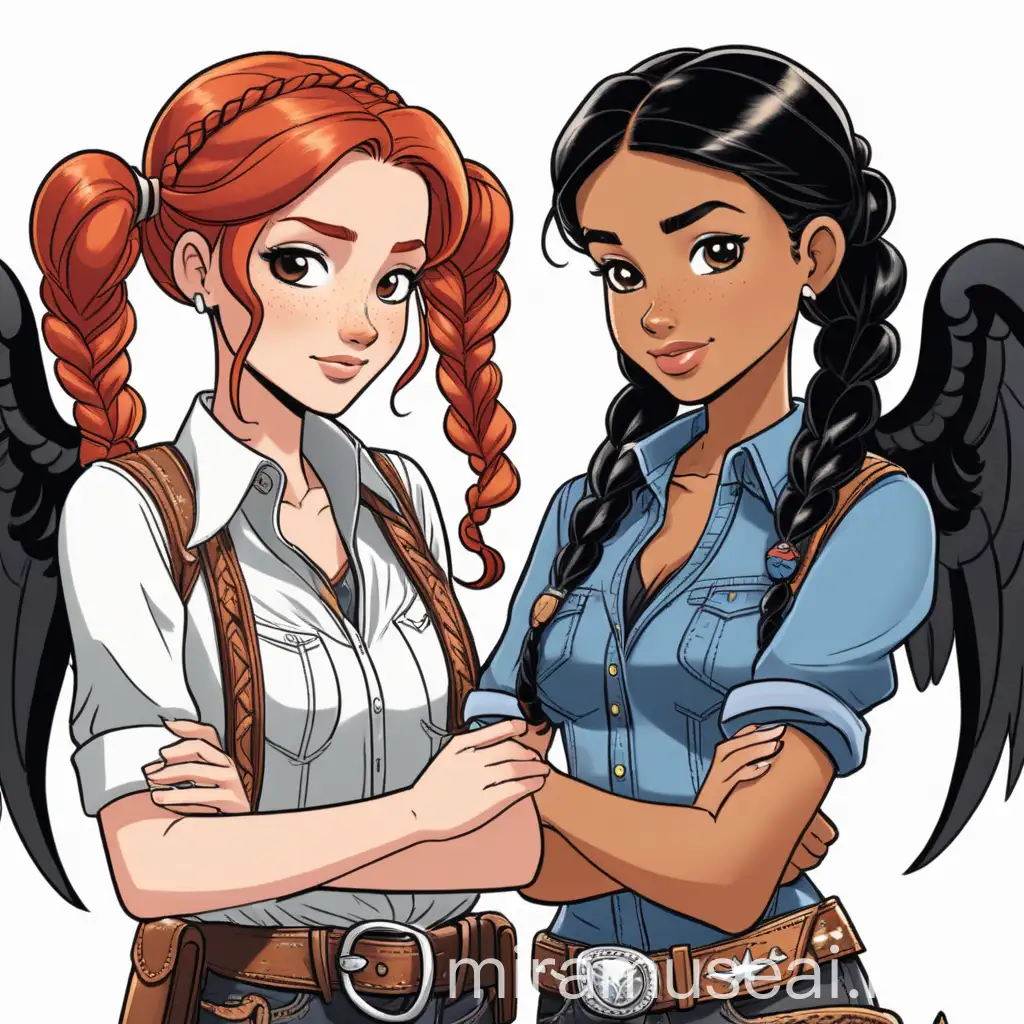 Cartoon like : Far West, Cowgirl with a beautiful freckled face and red hair in two long pigtail braids, wears a cowboy shirt and has white angel wings next to her friend, the friend has black hair and angel like black wings. two girls, different wing color, different hair color, different outfit color. same age, young adult