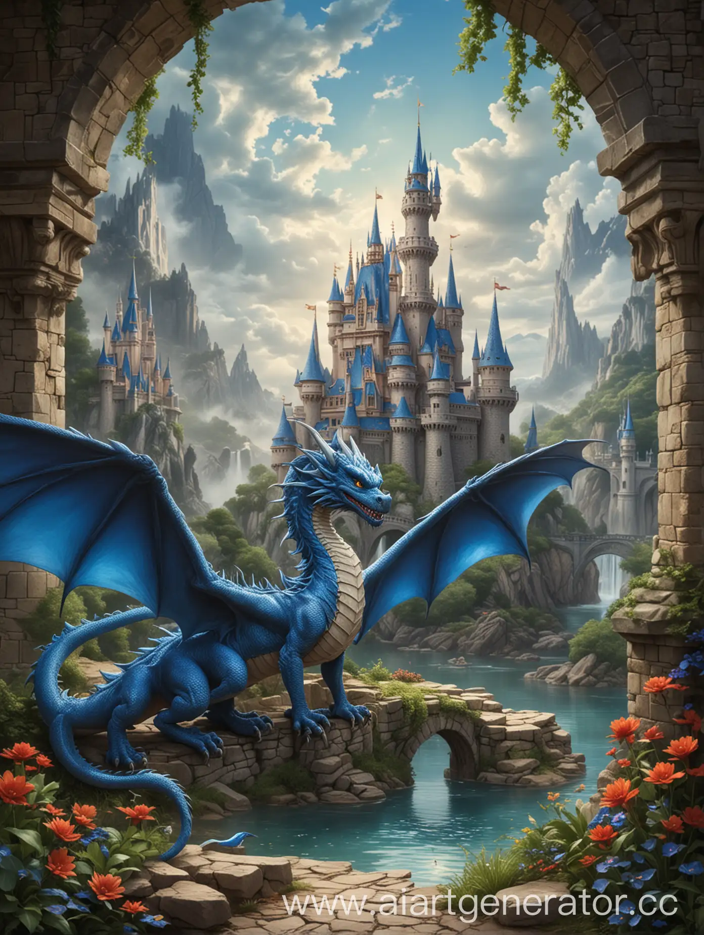 Изобрази замок дисней, и синего дракона в окург него