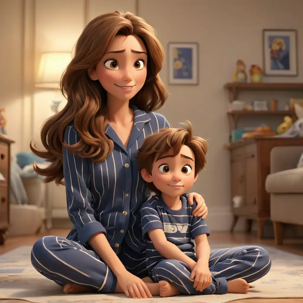 Disney pixar theme, 3d animation, beautiful mom (long brown hair and brown eyes) sitting on floor with son (brown hair and brown eyes,) wearing navy blue stripe pajamas, happily looking at each other
