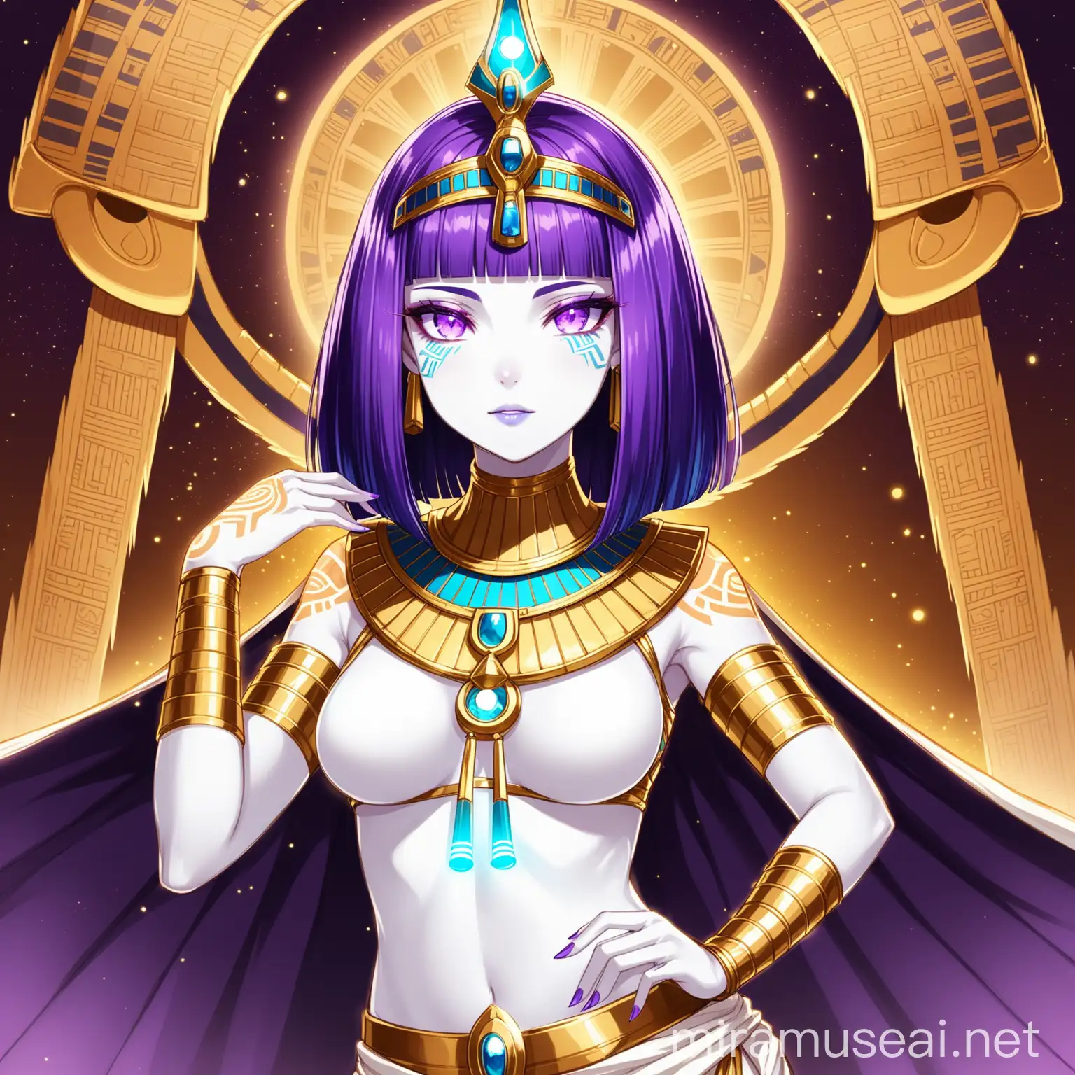a fantasy woman with pure ivory white skin full of luminous tattoes, she has luminous violet eyes, she dress ancient egyptian clothes, she has short violet bob hair with a pharaonic crown, in a elegant pose,  in anime