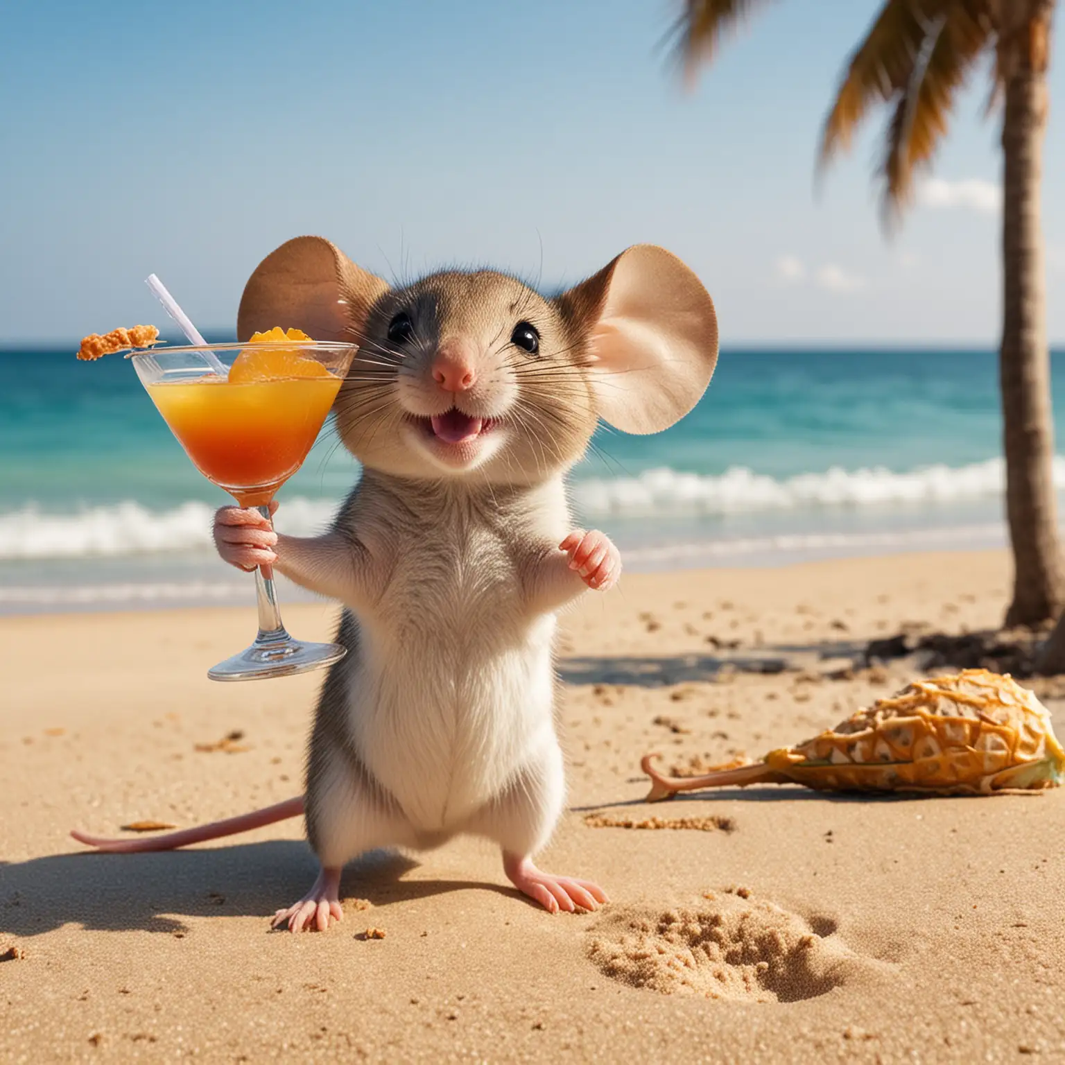 Joyful Mouse Enjoying a Tropical Cocktail on Sandy Beach