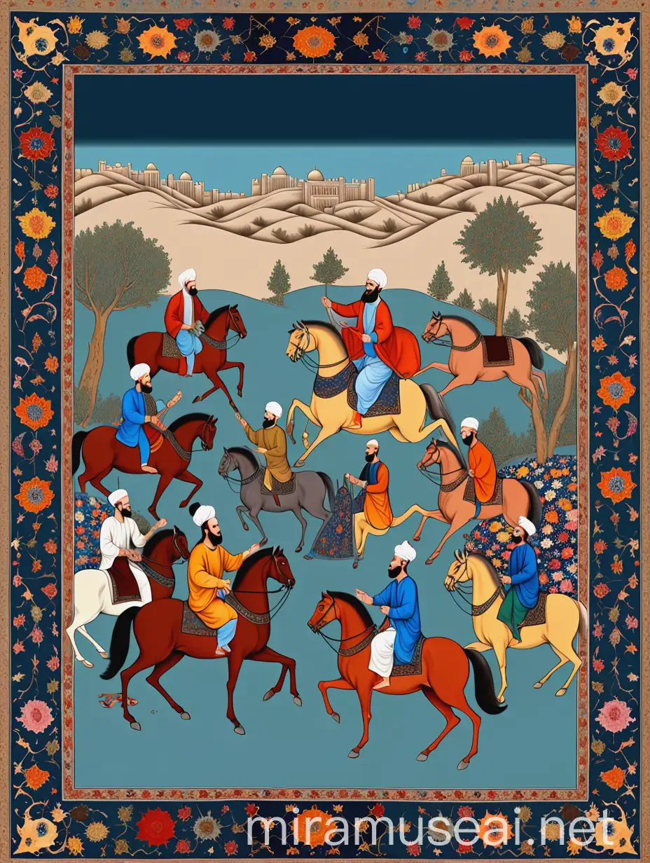 Combine the image of the painting of the Shahnameh where men are riding horses and the image of the Iranian hand-woven carpet where the king and his courtiers are sitting and the border is covered with flowers.be like a pattern. Background be simple . The picture style be like this picture i upgrade here.