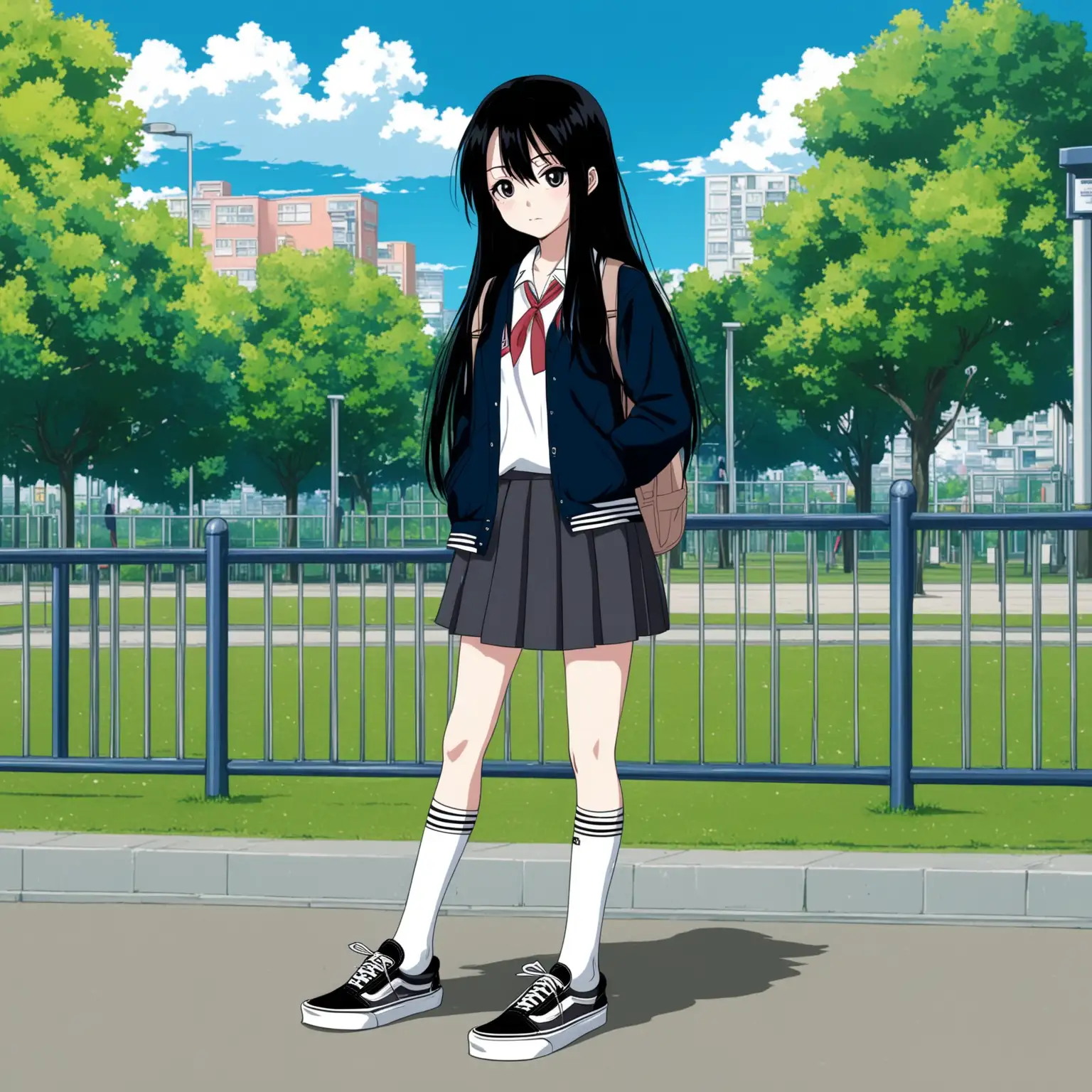 Anime girl in front of park with school outfit and vans with socks and long black hair 