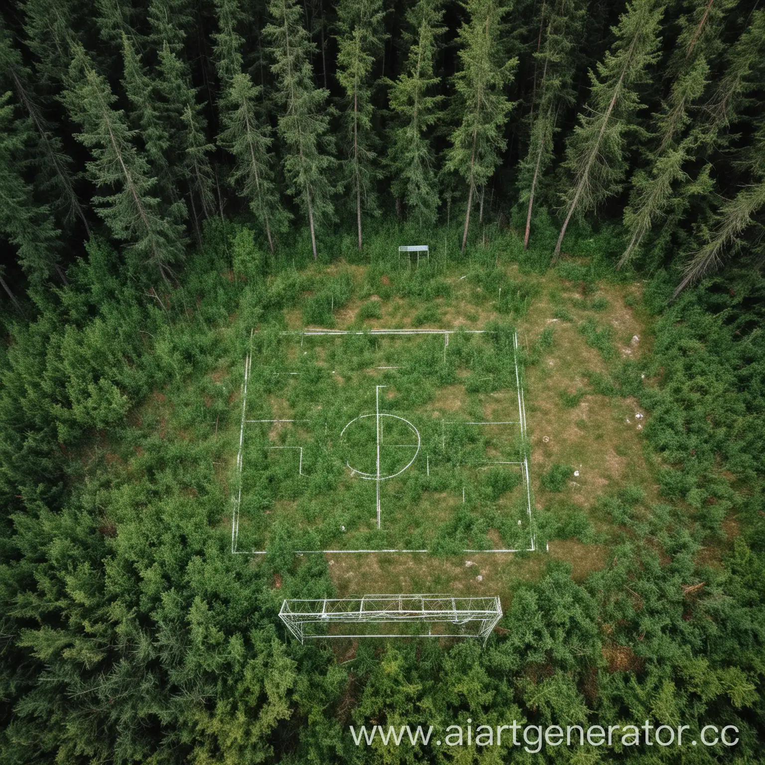 Overgrown-Soccer-Field-in-Coniferous-Forest-with-Old-Goals