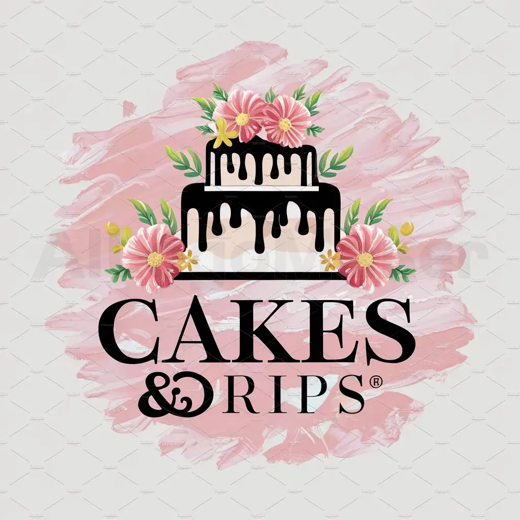 a logo design,with the text "Cakes & Drips", main symbol:A two tiered cake decorated with drips and flowers and a little light pink painting at the background of the cake,complex,be used in Others industry,clear background