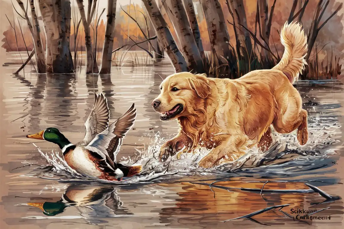 Golden Retriever Sketch Hunting Duck in Flooded Timber