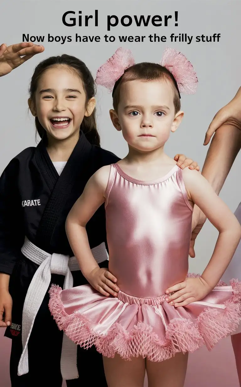 Gender role-reversal, Photograph of a 9-year-old smiling girl wearing a black karate uniform, and a British white cute 7-year-old little moody boy with short smart spiky brown hair shaved on the sides wearing a silky pink leotard and frilly netted tutu, English, perfect children faces, perfect faces, smooth, the photograph is captioned “Girl power! Now boys have to wear the frilly stuff!”