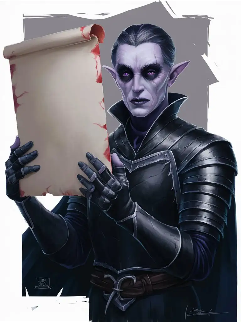 a Dark Elf holding a large white paper with nothing on it. facing straight at the viewer. Make his look real but don't add any blood or gore at all.