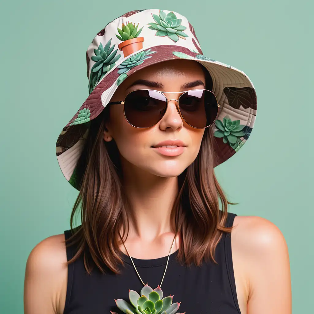Stylish American Woman with Succulent Print Bucket Hat and Sunglasses