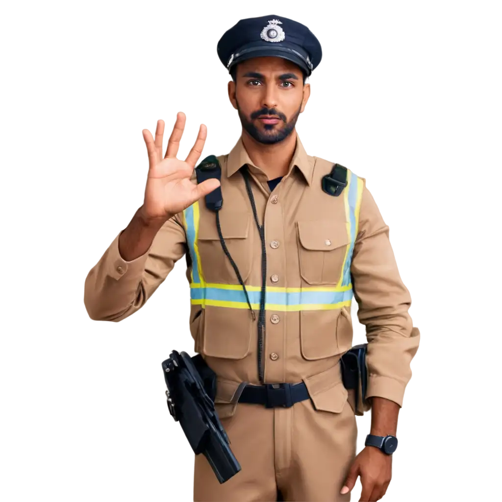 realistic traffic police man giving stop signal and whistle blowing, ultra realistic person with brown skin pakistani person 