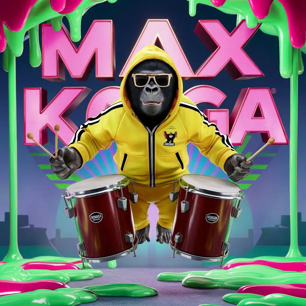 the words "MAX KONGA"  in a background in a BOLD mad max font style and colorful drippy slime with bright neon green colors and conga drums. gorilla wearing sunglasses and yellow tracksuit with hoodie. Gorila is levitating on the air.