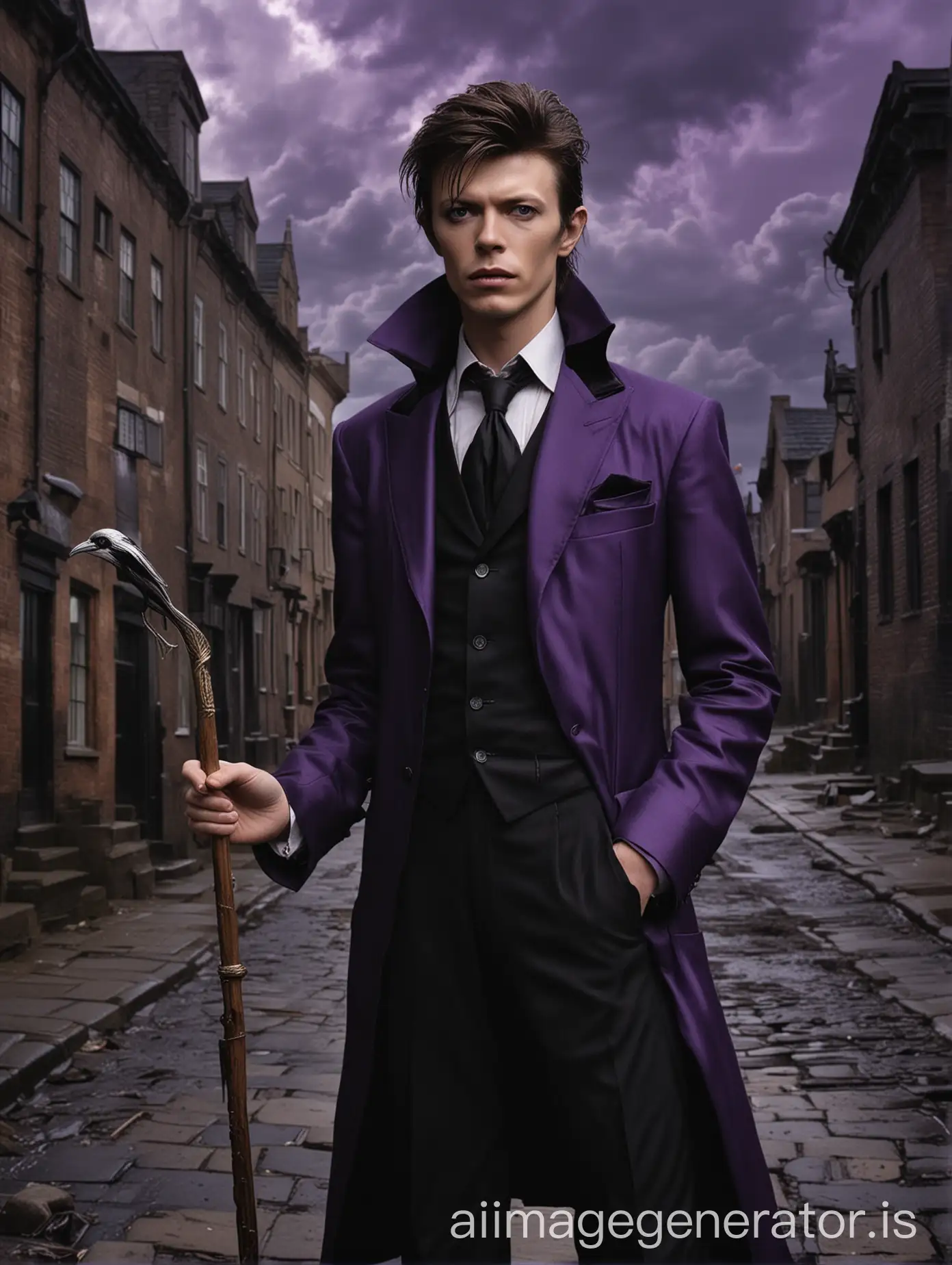 david bowie face in his early 20s, slender young man with black hair, man holding a gentleman's cane with a silver-crow-shaped handle, man wearing black three-piece suit with purple vest, midnight background with stormy clouds, old city background, wooden buildings