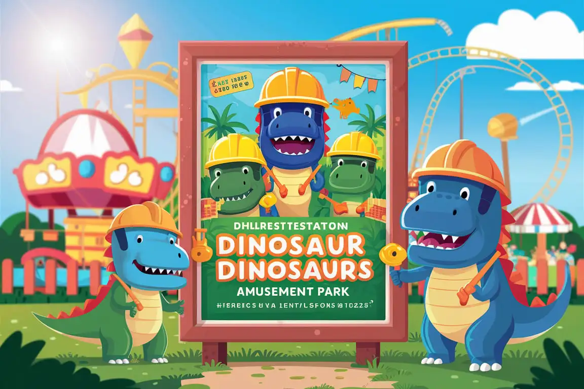 Erstelle mir bitte eine Anime Grafikvorlage für einen Flyer, für einen fiktiven Dinosaurier Freizeitpark für Kinder, mit lustigen Dinosauriern die aussehen wie Bauarbeiter mit Helm. Darauf soll ein großer Frame im Vordergrund mit Werbung zu sehen sein, wie eine Art Plakat. Es soll eine lustige spaßige sonnige Atmosphäre sein. 