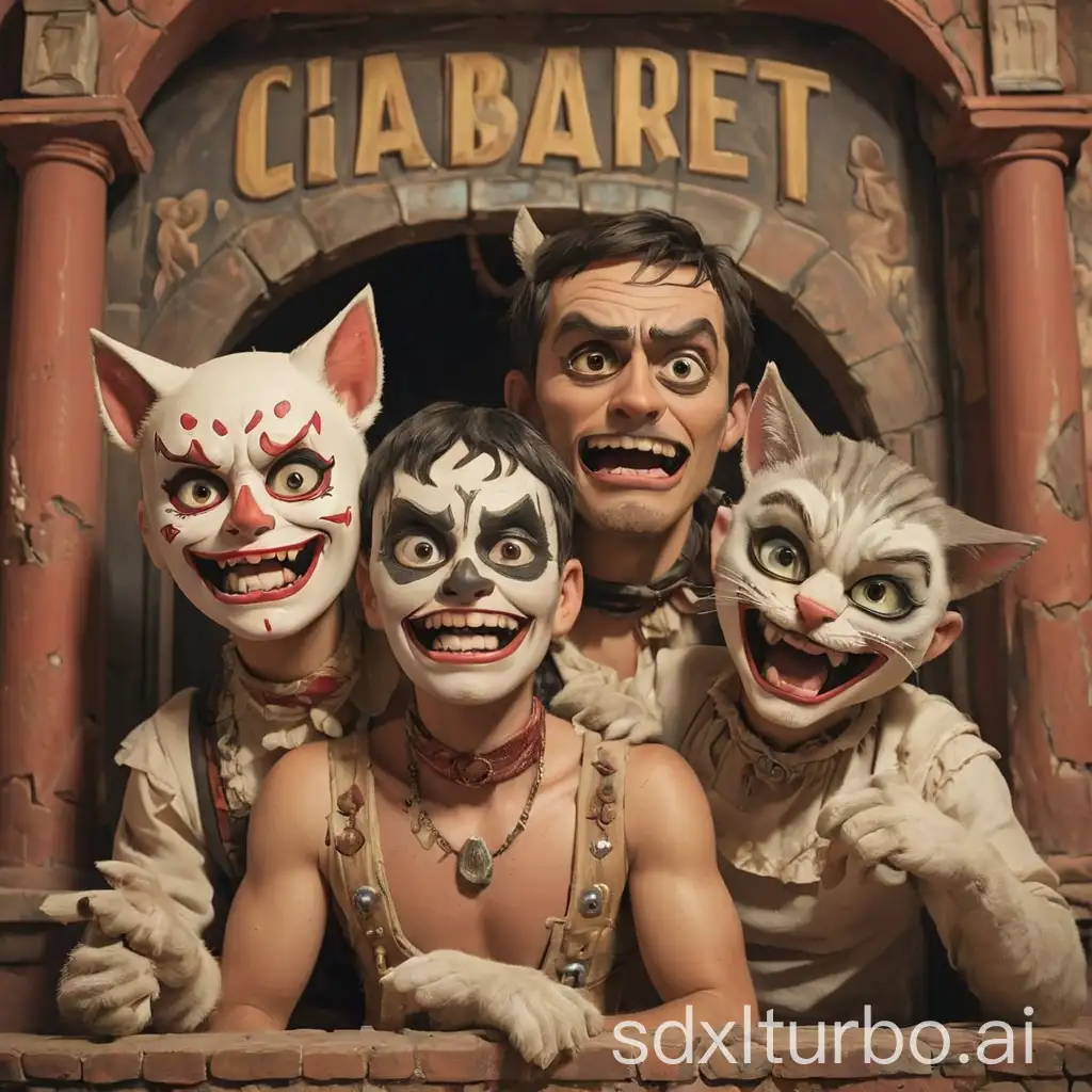 Cartel de obra de teatro cabaret hotel mexicano en ruinas en el centro tres candigatos  o humanoides con cara de gatas