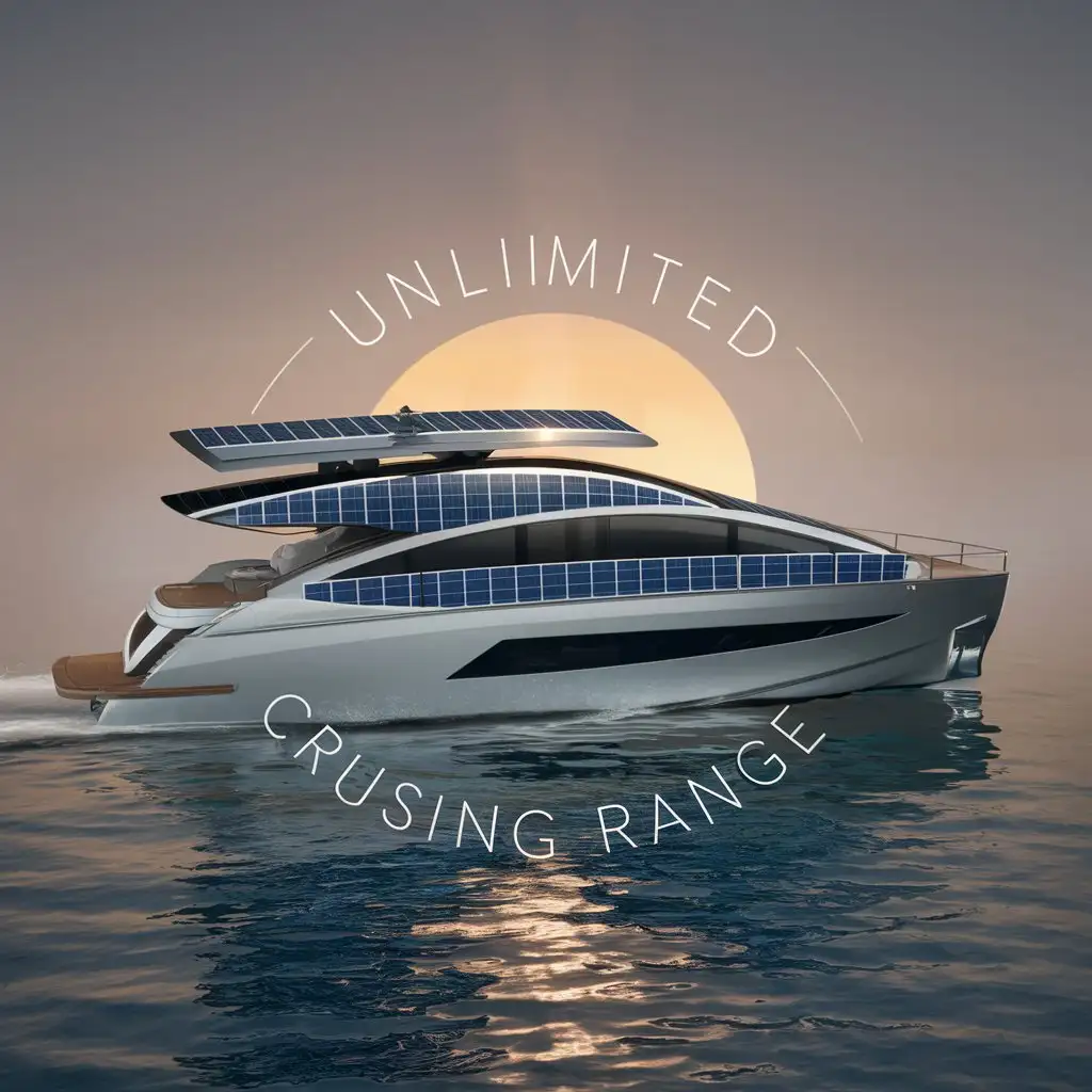 a logo design,with the text "UNLIMITED CRUISING RANGE", main symbol:elegant yacht with lots of logical solar panels integrated into its top deck, the sun in background, energized, masterpiece.,Minimalistic,clear background