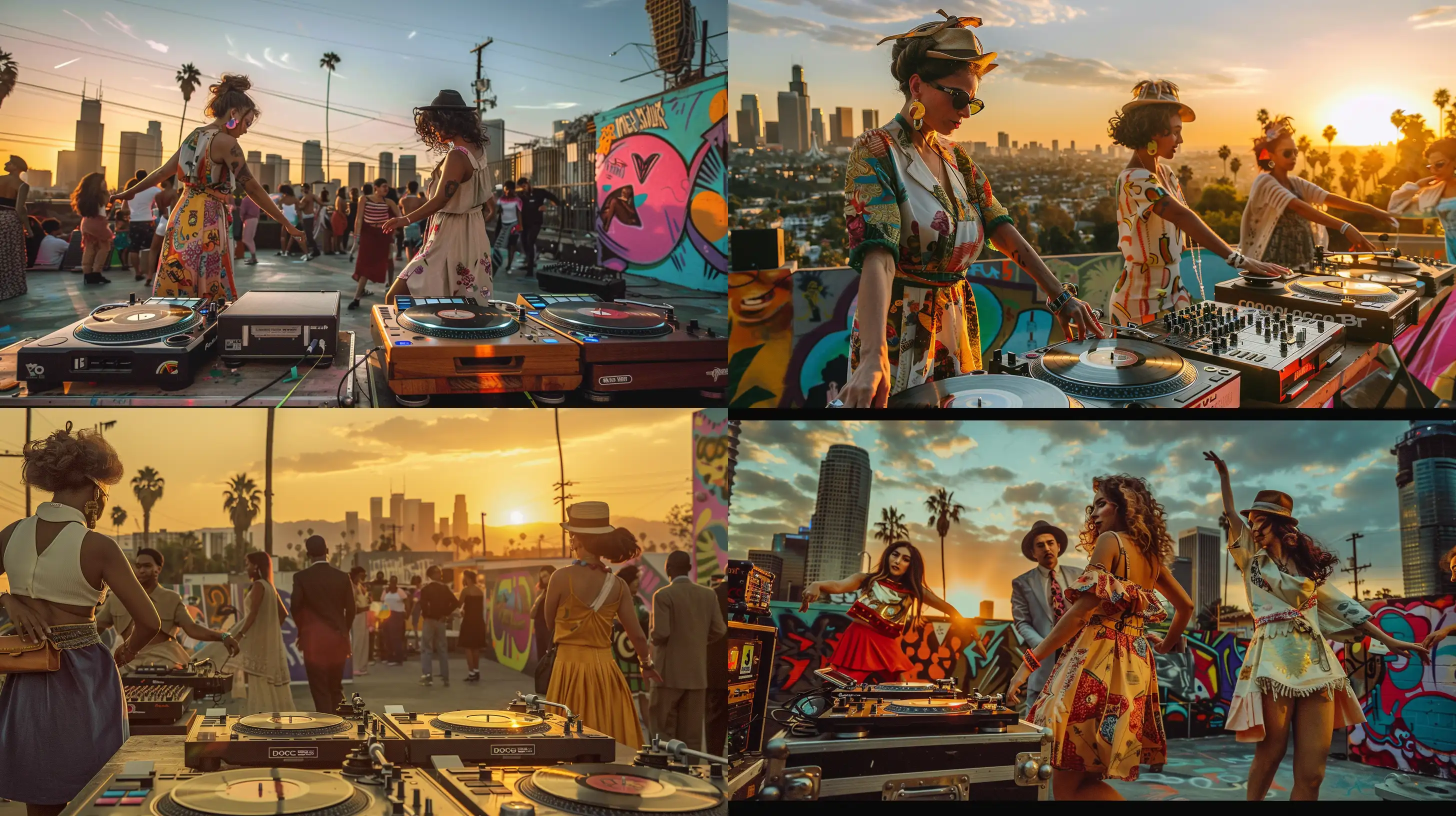 /imagine prompt: "Iconic 90s Chicago house club scene transported to Los Angeles, style elegant, minimal, sunset cityscape, dancers in vintage fashion, old-school turntables, vibrant street art backdrop" --ar 16:9 --v 6.0
