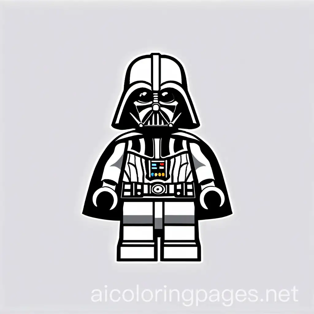 lego darth vader, Coloring Page, black and white, line art, white background, Simplicity, Ample White Space. The background of the coloring page is plain white to make it easy for young children to color within the lines. The outlines of all the subjects are easy to distinguish, making it simple for kids to color without too much difficulty
