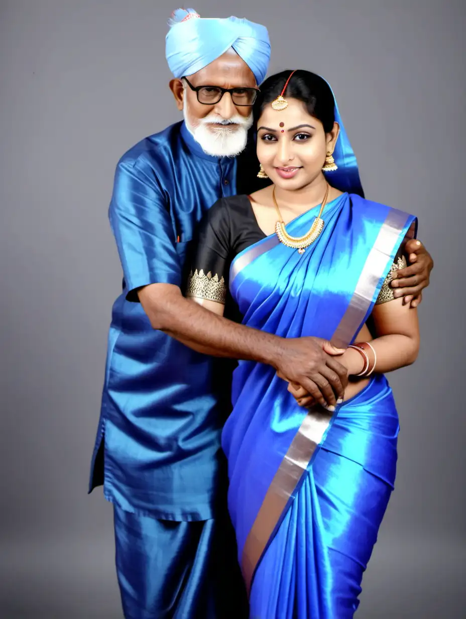 Intimate Pose Indian Village Girl in Blue Satin Saree Hugging Elderly  Muslim Man | AI Image Generator