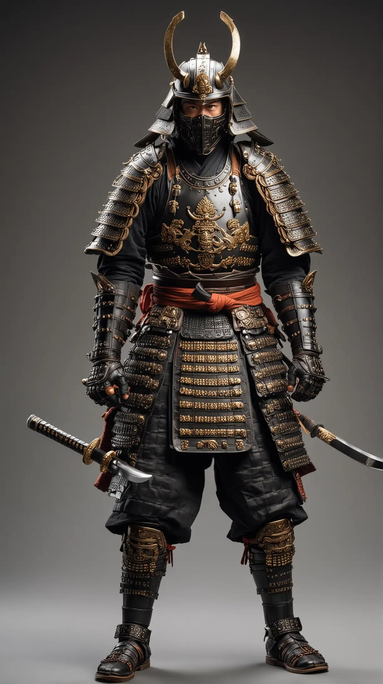Samurai in Full Armor: Depict a samurai in traditional o-yoroi armor, complete with a kabuto helmet, intricate metal and leather plates, and a fierce expression, standing in a battle-ready pose.