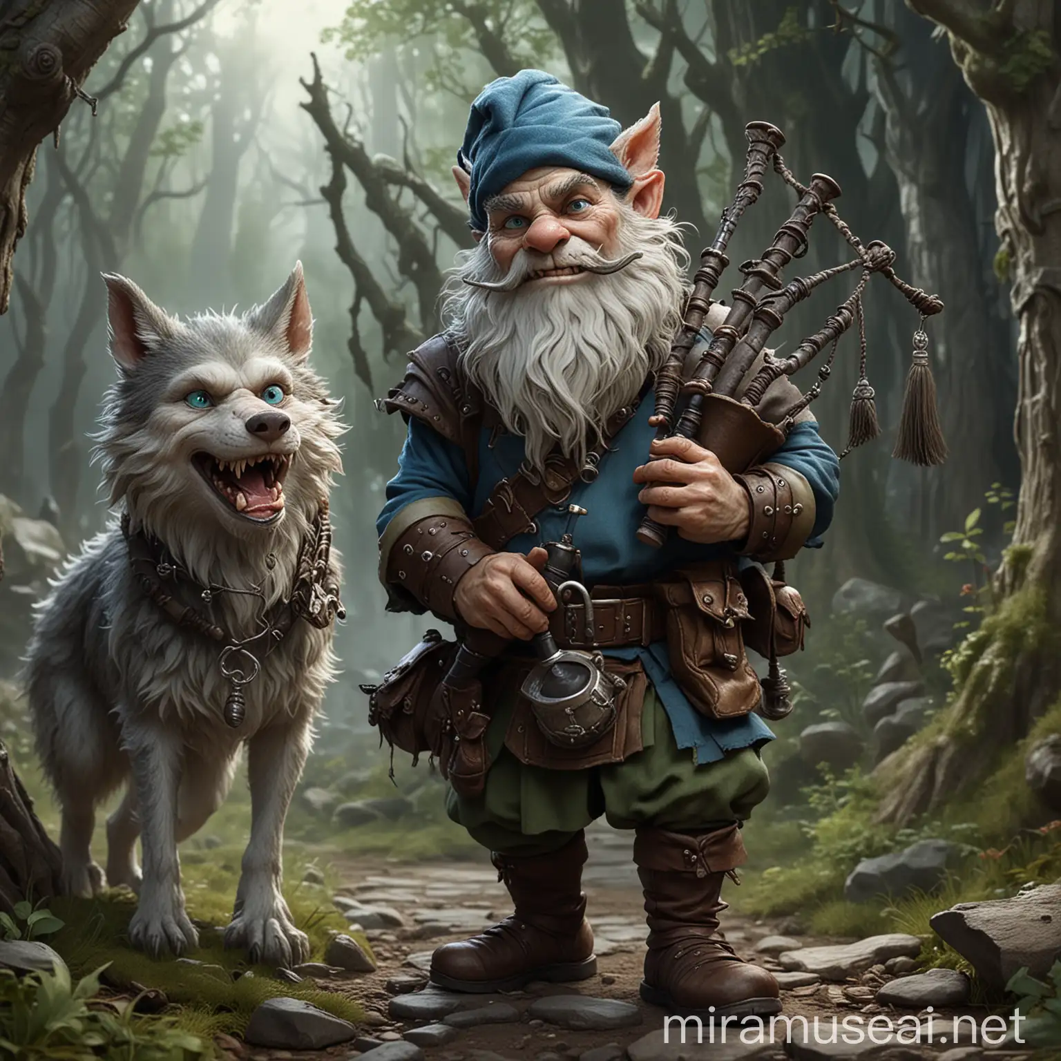 Un gnome jouant de la cornemuse et chevauchant un loup. Il a la peau verdâtre, il est plutôt affiné, possède des yeux bleus et à l'air menaçant. Ce personnage fait partie de l'univers de donjons et dragons.