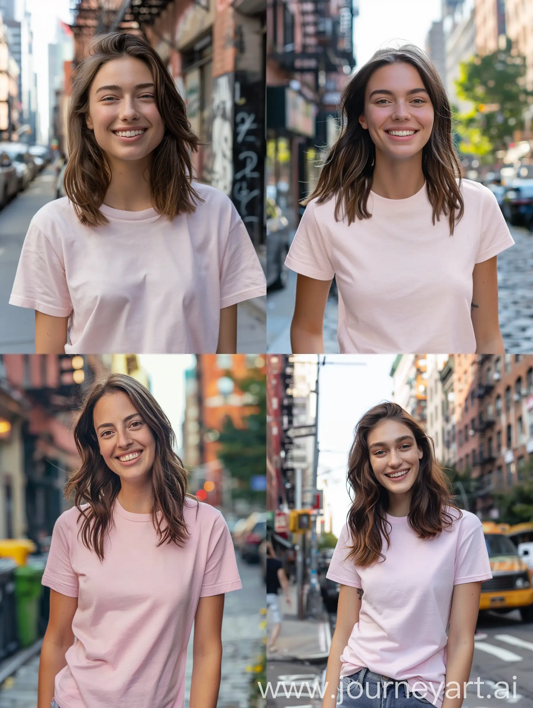 showing head to knee of a 22 year old woman with shoulder length, brown hair, smiling at the camera, wearing a blank light pink snug Gildan 64000 t-shirt with no design, the bowery in new york city as background.