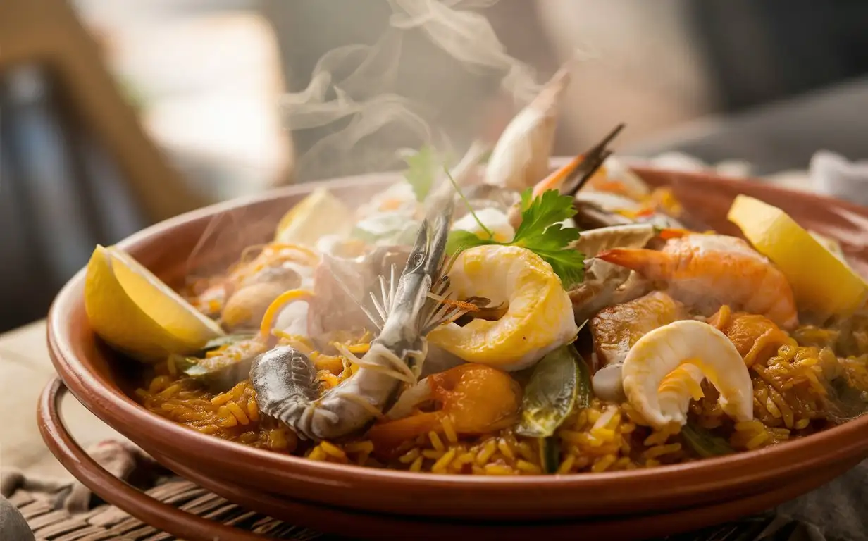 A mouthwatering food photograph of a steaming bowl of seafood paella, set on a traditional Spanish terracotta plate with lemon wedges. Inviting close-up style, soft diffused daylight, top-down shot with a relaxed composition, flavorful and exotic.