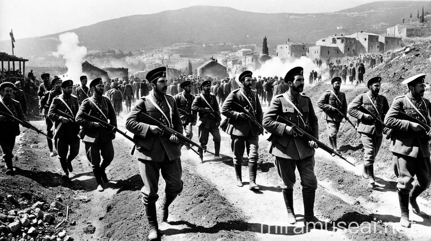 In these attacks, which took place east of Beykoz, Turkish villagers suffered particularly badly. During the raids by Greek soldiers on villages, many civilians lost their lives, villages were burned down and people were forced to flee their homes. These attacks caused great fear and terror among the Turkish population in the region and seriously threatened their safety and lives. 20th century soldiers with bayonets.