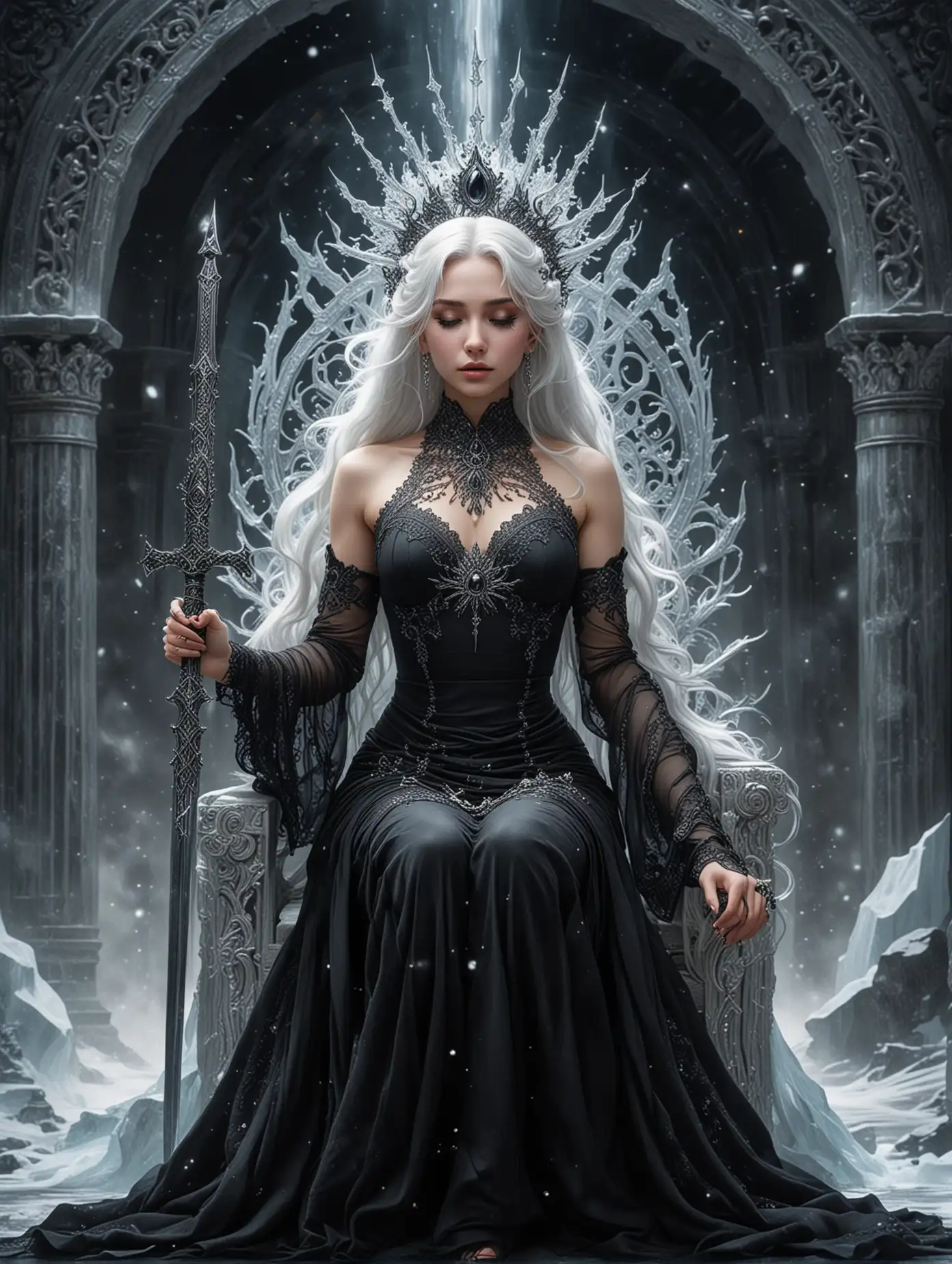 Goddess-of-the-Cosmos-Enthroned-in-Ice-with-Silver-Accents-and-Black-Lace-Mask