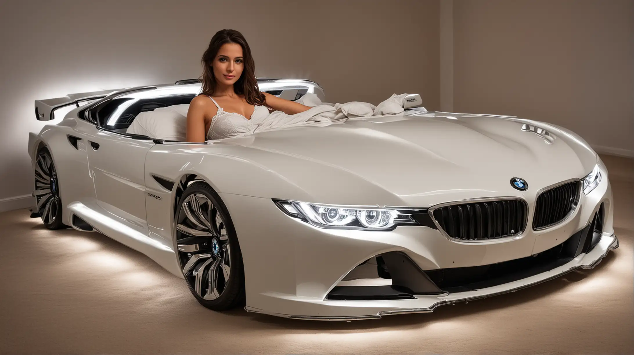 Luxurious BMW CarShaped Double Bed with Illuminated Headlights Featuring a Beautiful Woman