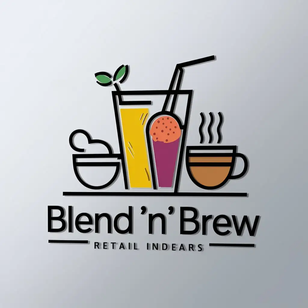 a logo design,with the text "BLEND 'N’ BREW", main symbol:Juice, smoothie, Ice cream, coffee, tea,Minimalistic,be used in Retail industry,clear background