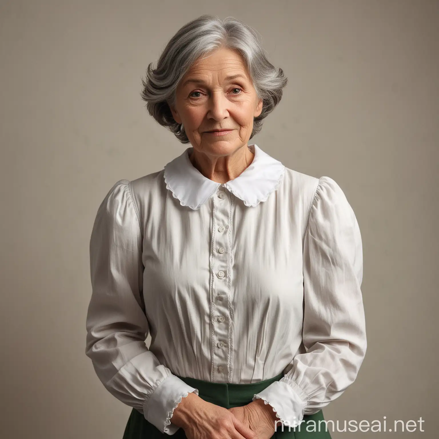 Independent Elderly Woman with Gray and Brunette Pageboy Haircut in White Blouse with Peter Pan Collar