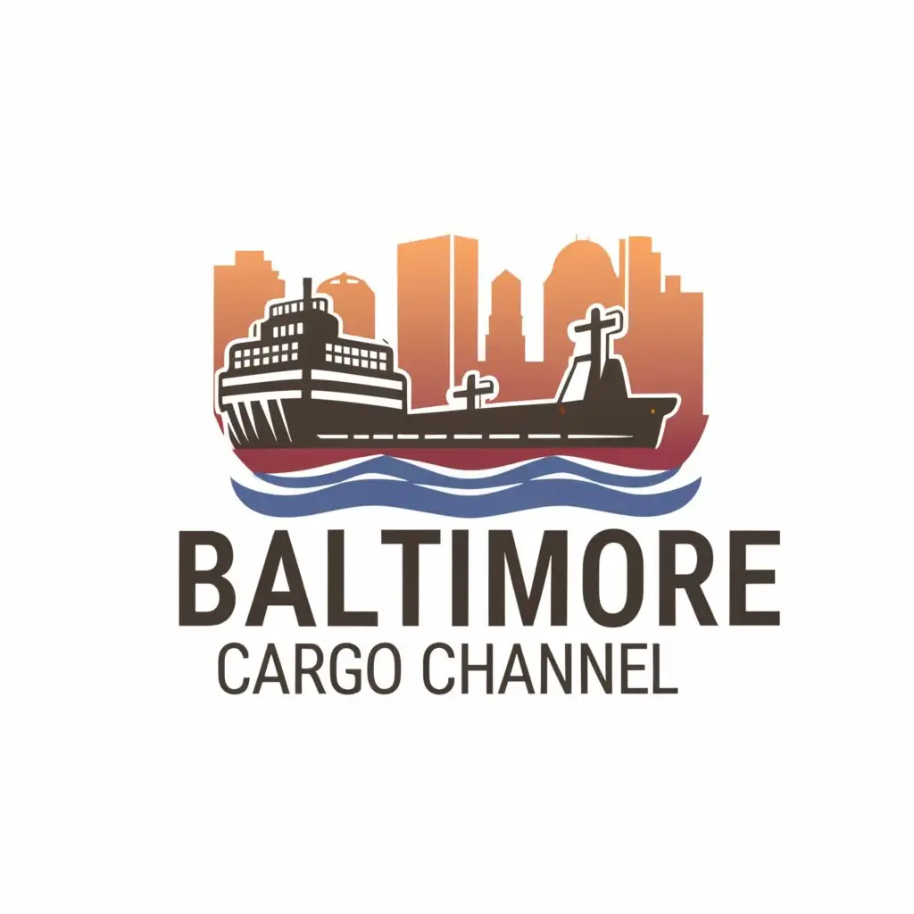 a logo design,with the text 'Baltimore Cargo Channel', main symbol:Tanker Ship sailing with an urban city backdrop and contours,Moderate,be used in Entertainment industry,clear background, wavy letters and 