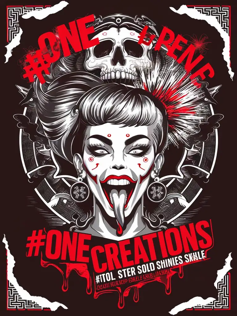 bottom in bold write '#one creations' against a complex skull venus, burlesque odalisque, front head , sexy crazy face, open mouth with tongue, chaos ornamental, short hair, darkness, explosive hairstyle, asymmetrical, chinese poster, torn poster edge, alphonse mucha hyper detailed, high contrast, black white red, dramatic tones, explosive dripping colors, sticker art background