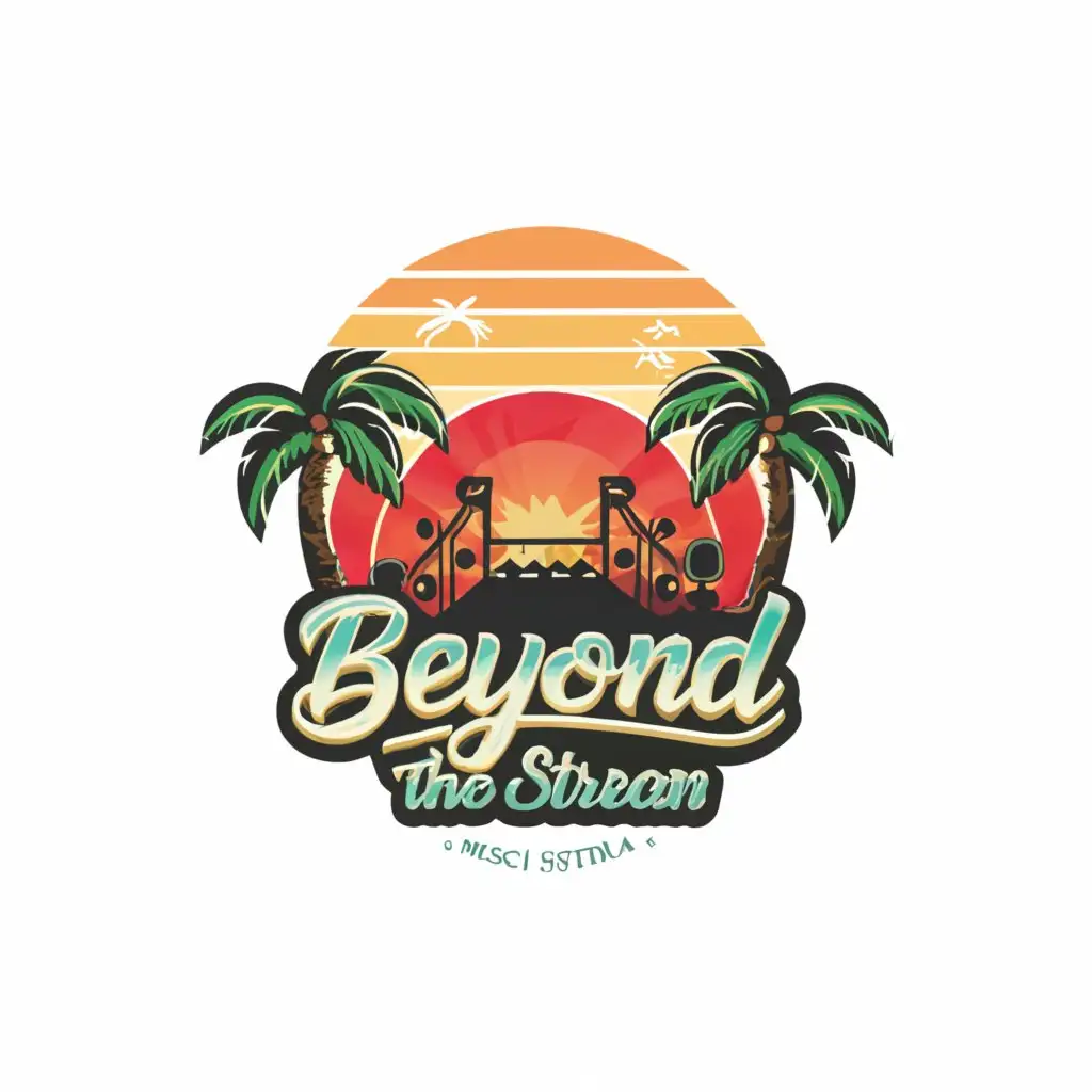 a logo design,with the text "Beyond The Stream", main symbol:Music Festival with Palm trees and Sunrise / Sunset,complex,be used in Music industry,clear background