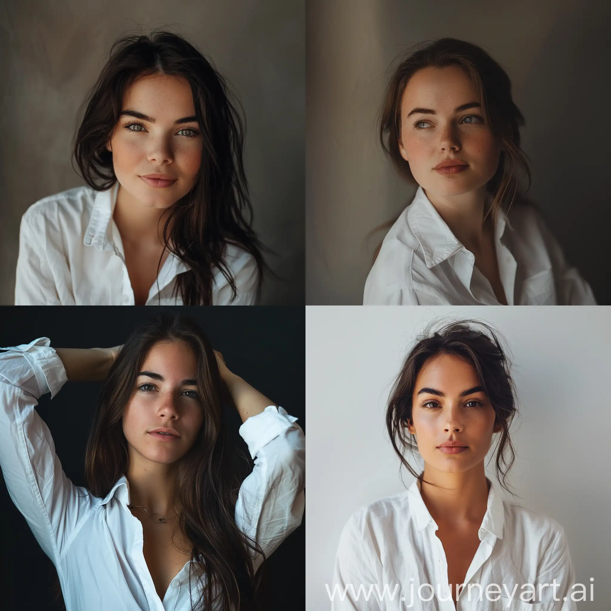 портретное реалистичное фото женщины в белой рубашке