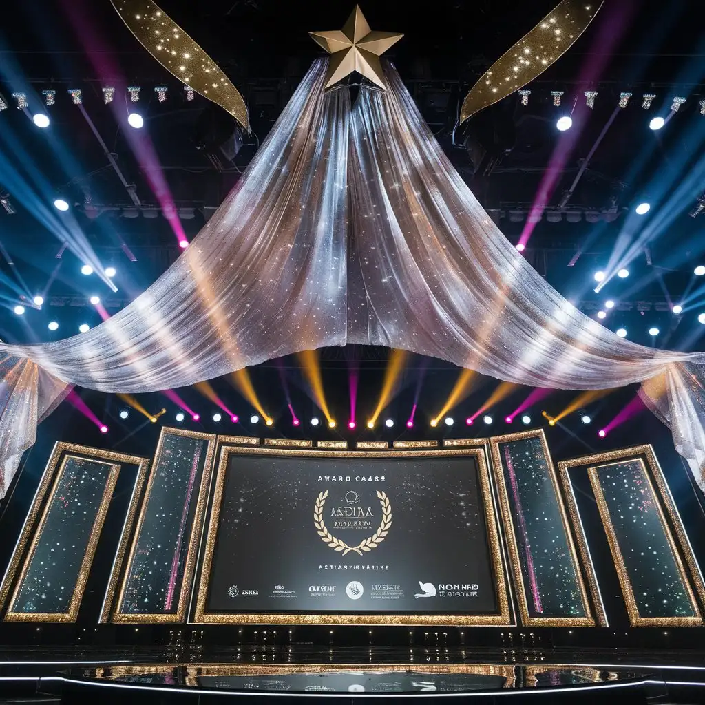 awards ceremony stage set with large screens, lots of lighting, and stars cape above