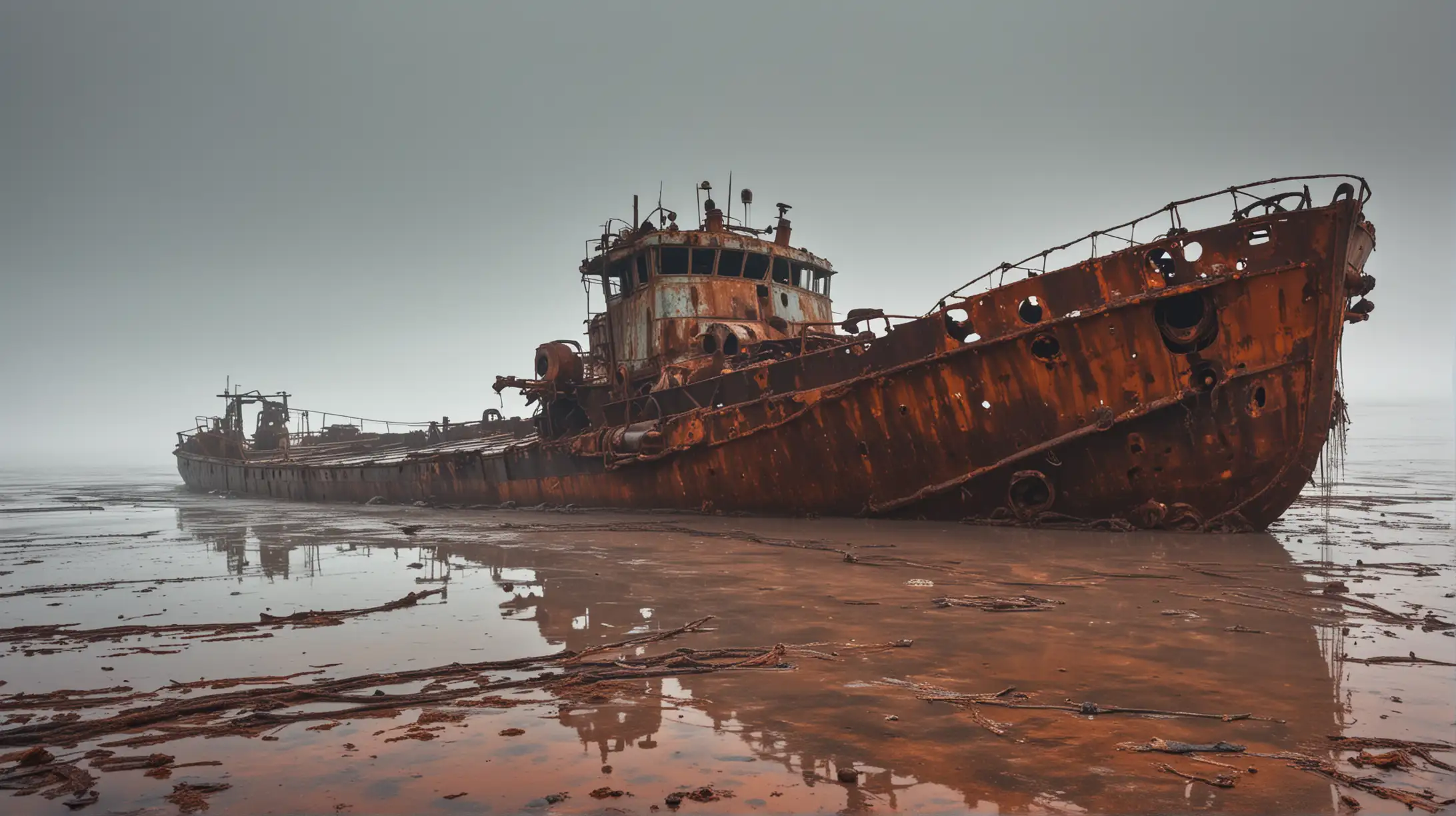 a rust-eaten wreckage of an old tanker, in a shallow gulf, rain and fog, psychodelic view