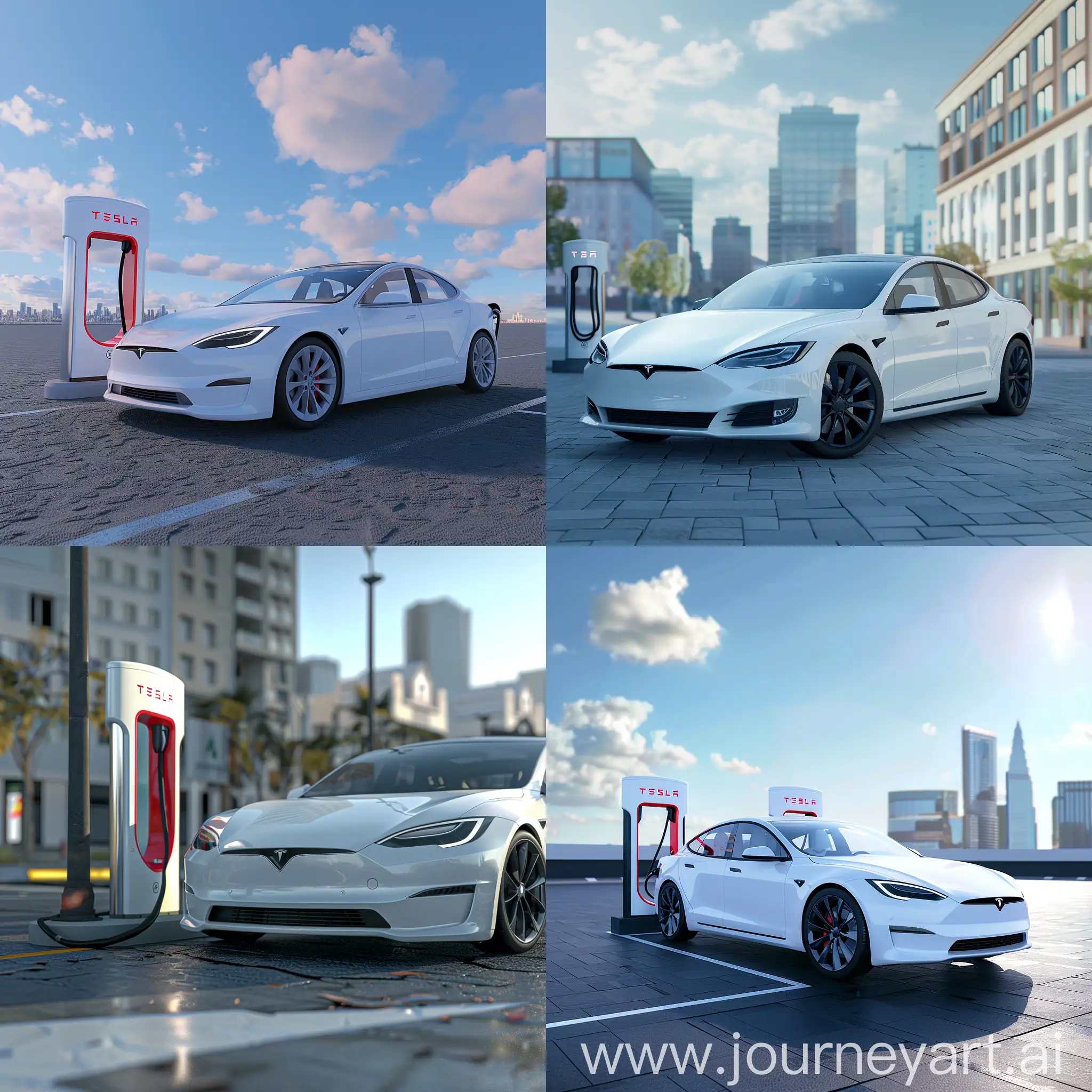 white tesla, standing near the charging station, daylight, blue sky, 8K, realistic, empty city background, sharp focus, HDR, professional lighting, 3d render, close-up