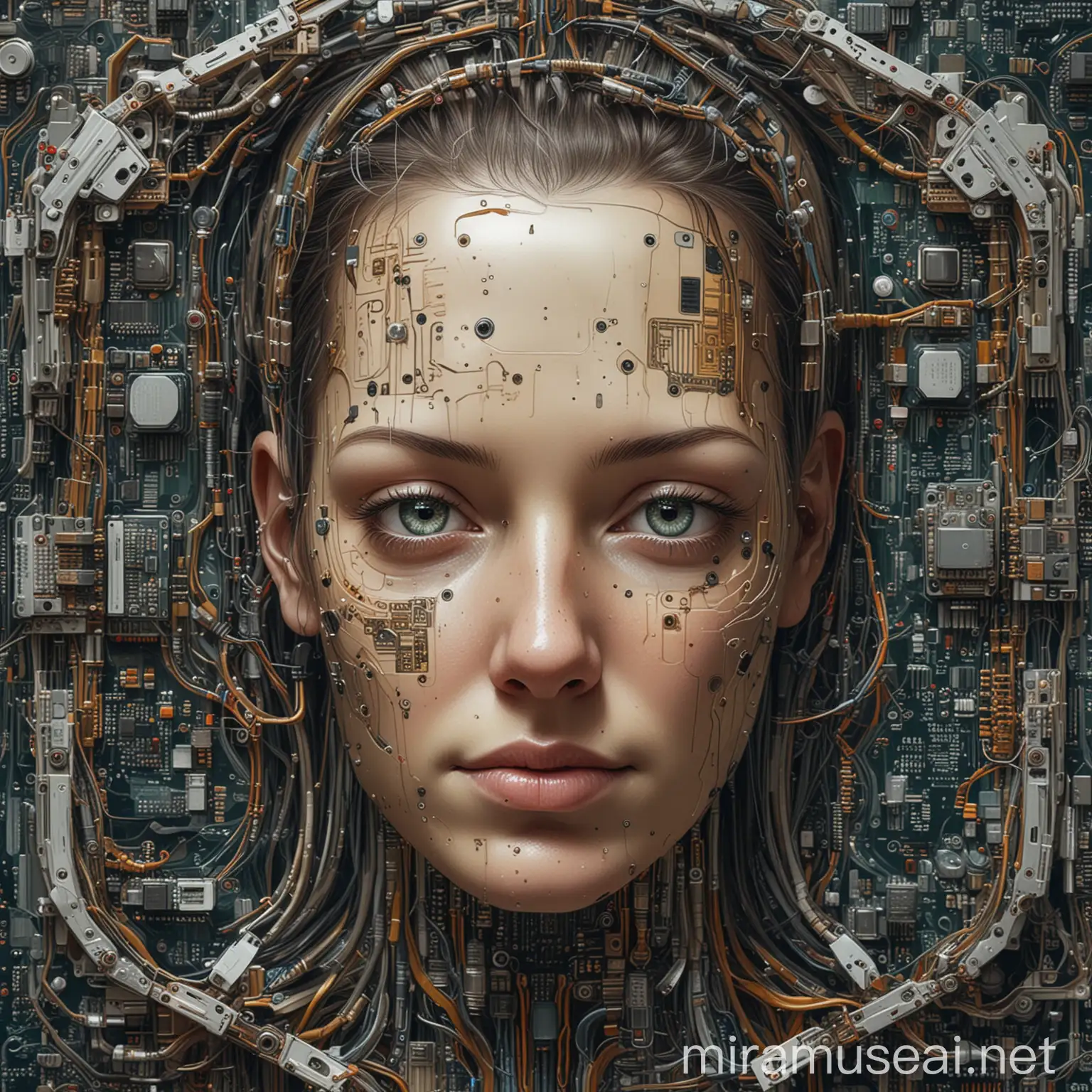 Highly detailed painting, wide view from above, an android with a human face which is half peeled off to reveal circuitry and electronics inside, use muted colors only, high quality