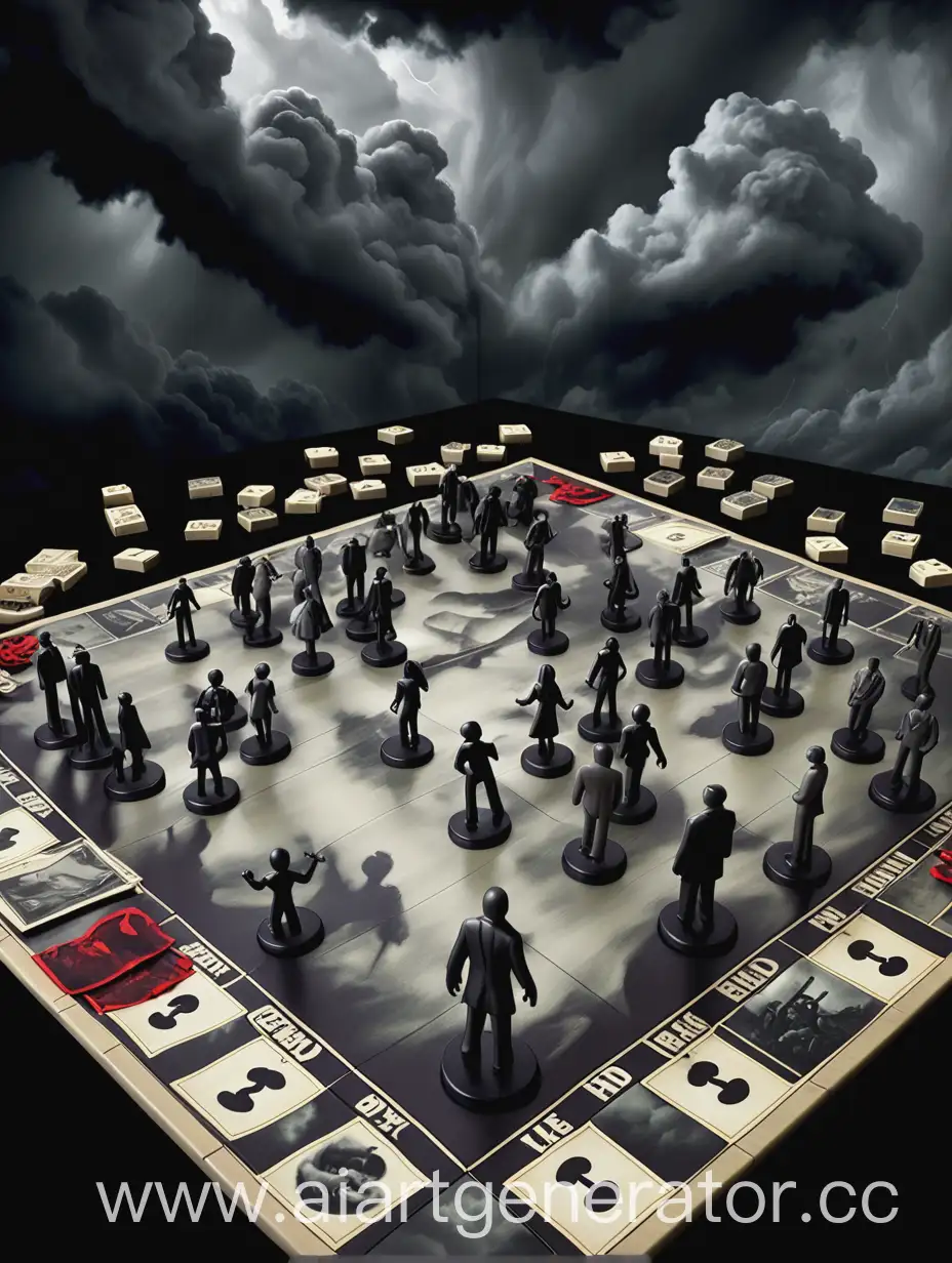 The Ballad of Greed. An ominous game board with pieces shaped like people lies between them, illustrating the deadly game they are entangled in. Above them, storm clouds gather, hinting at impending conflict and betrayal. The overall scene is intense and evocative, capturing the themes of ambition, love, and treachery in a harsh, capitalist society.