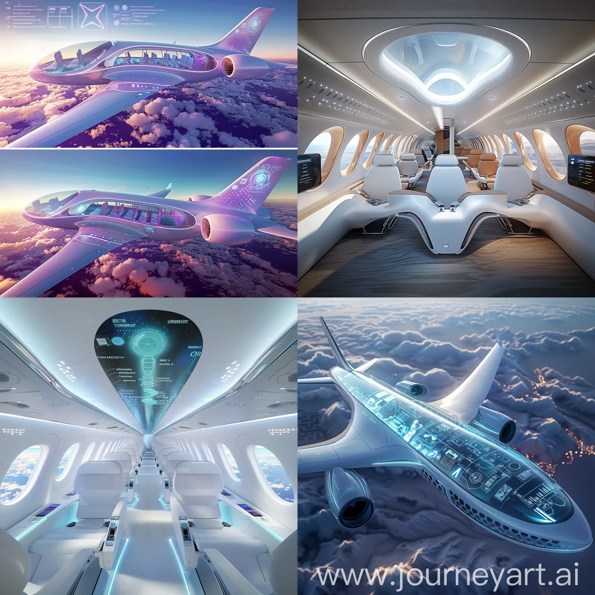Futuristic passenger aircraft, information age of future, Adaptive Seating, Virtual Reality Entertainment, Smart Lighting Systems, Biometric Authentication, Air Quality Enhancement, Interactive Displays, Modular Cabin Layouts, Holographic Assistance, Zero-Gravity Seating, Aromatherapy System, Augmented Reality Windows, Data Visualization Panels, Artificial Intelligence Concierge, Blockchain-based Transactions, Data-driven Comfort Zones, Virtual Collaboration Spaces, Information Age Art Installations, Cybersecurity Pods, Internet of Things (IoT) Integration, Digital Wellness Platforms, Variable Geometry Wings, Biometric Entry Points, Adaptive Skin Technology, Embedded Sensors, Solar Panel Integration, Noise Reduction Features, Electrochromic Windows, Shape-memory Alloys, 360-Degree Cameras, Drone Integration Systems, Data Visualization Livery, Quantum Encryption Shields, 3D Printed Components, Augmented Reality Navigation Markers, Blockchain-based Maintenance Logs, Artificial Intelligence Wing Morphing, Distributed Energy Harvesting, Nanotechnology Coating, Quantum Radar Stealth Technology, Big Data-driven Weather Mapping, unreal engine 5 --stylize 1000