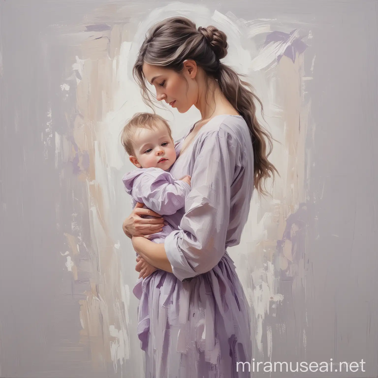 An oil painting of a mother holding her child, back,
abstract, impressionist, painted in a soft style to create an ethereal, dreamy atmosphere. The painting is in the style of an oil painting by an impressionist artist with soft tones. The background is white and light gray with a slight purple tint. The image conveys calm and serenity. This is an impressionist oil painting with clearly visible brushstrokes