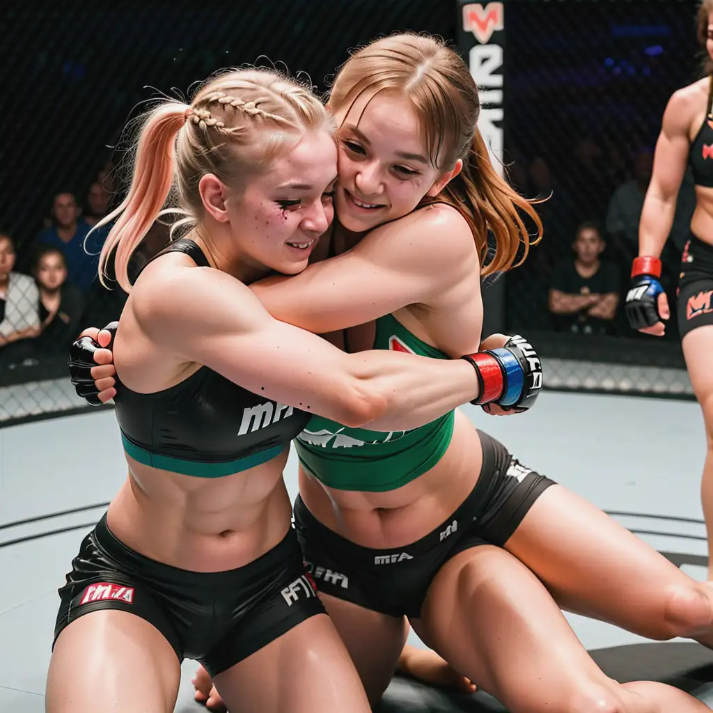 GIRLS ROLLING, HUGGING ON THE GROUND IN AN MMA FIGHT  